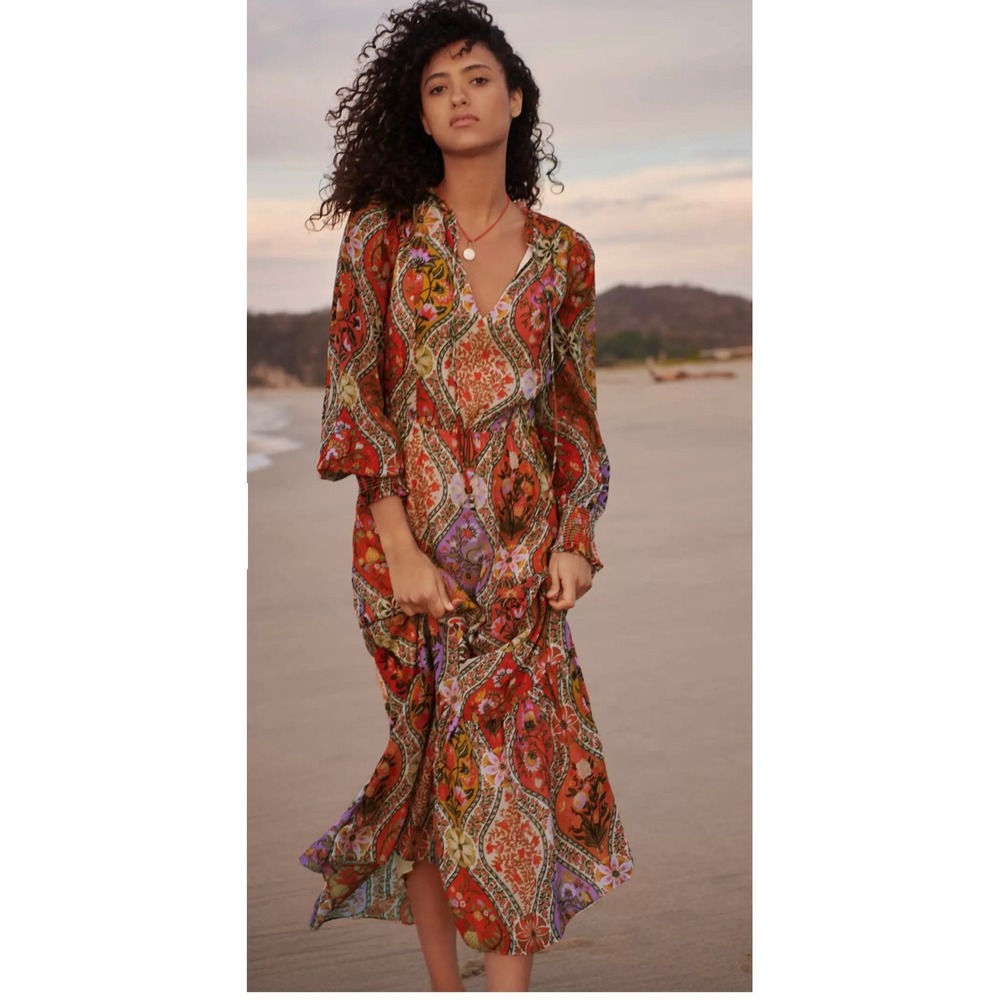 Farm Rio Anthropologie Mosaic‎ Maxi Dress Women Size Small Sheer Boho
